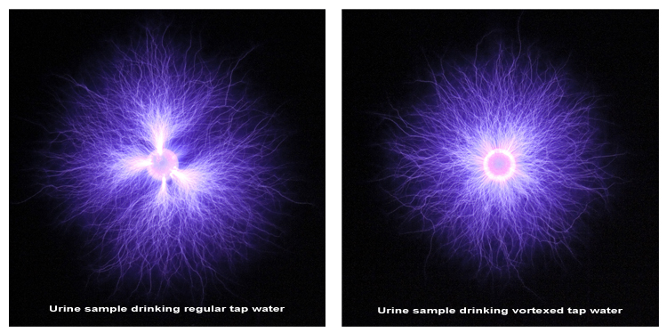 Kirlian photograph of urine before and after Vortex Water Revitaliser illustrating the energy now present in the body