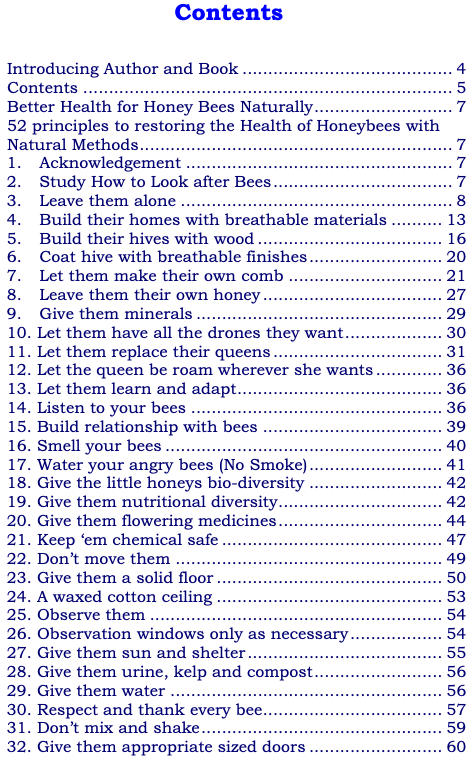 Better Health for Honeybees Naturally - Contents page 1 of 2